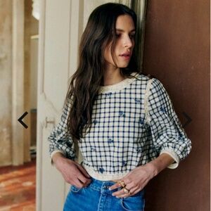 NWT Sézane Thalyna Blouse - Blue Floral Embroidery on Vichy Fabric